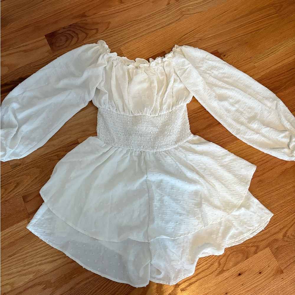 White Off-Shoulder Romper Dress with Long Sleeves